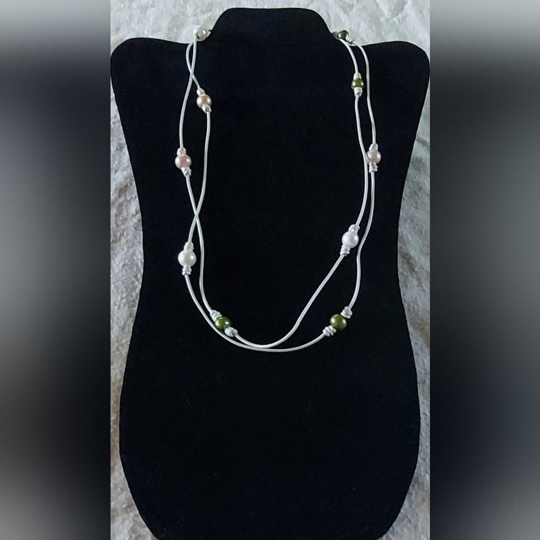 Handmade Green, White & Lt. Pink Pearl & Metallic White Leather Necklace